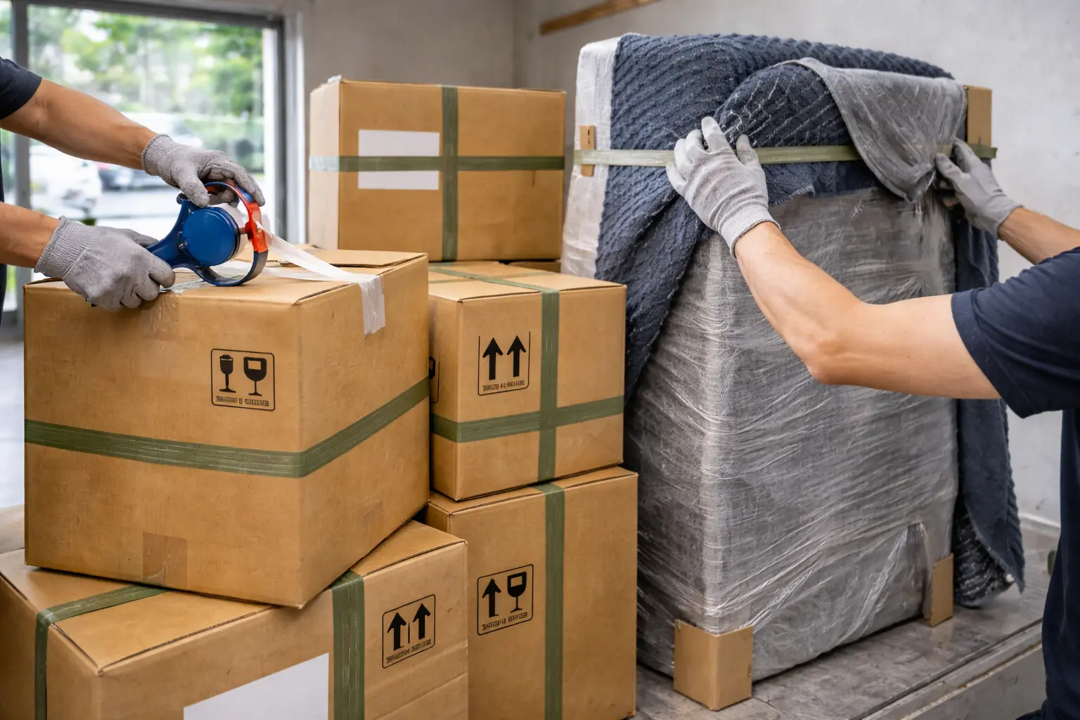Packing and protection standards for shared loads including wrapped furniture protection and carton stacking and strapping for interstate moves