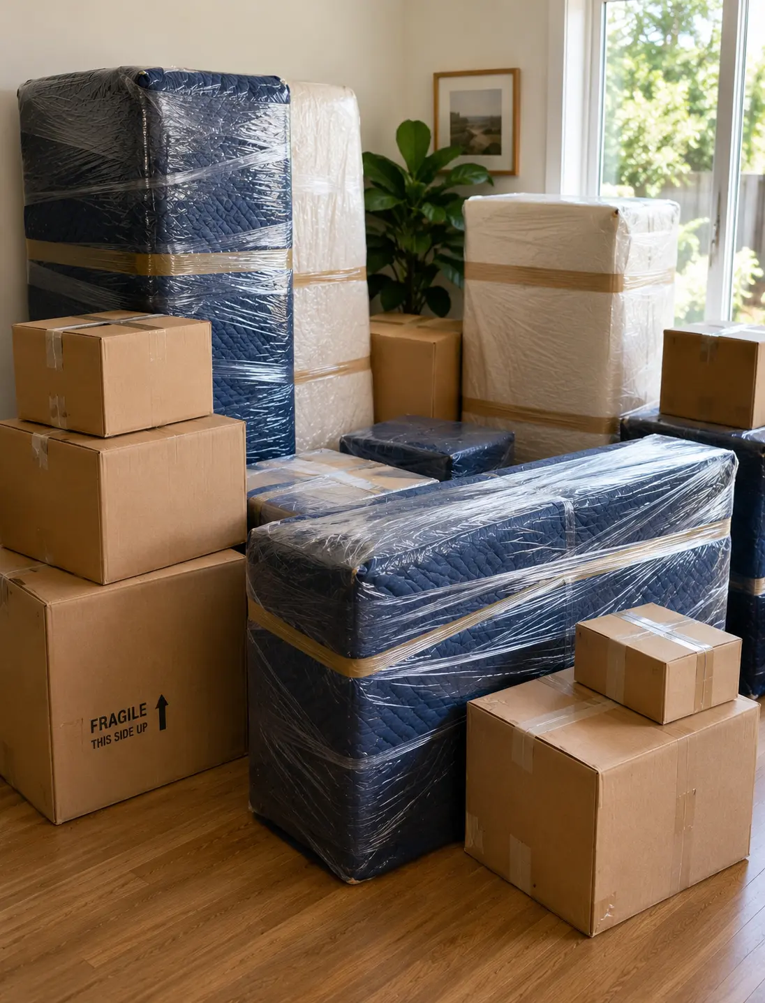 Wrapped furniture and moving boxes prepared for Ballarat furniture backloads interstate