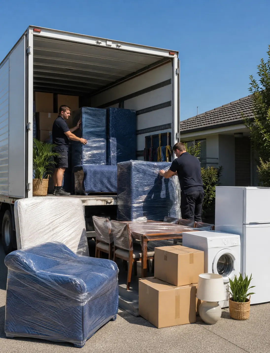 Wrapped furniture and packed boxes ready for long distance furniture transport from Ballarat