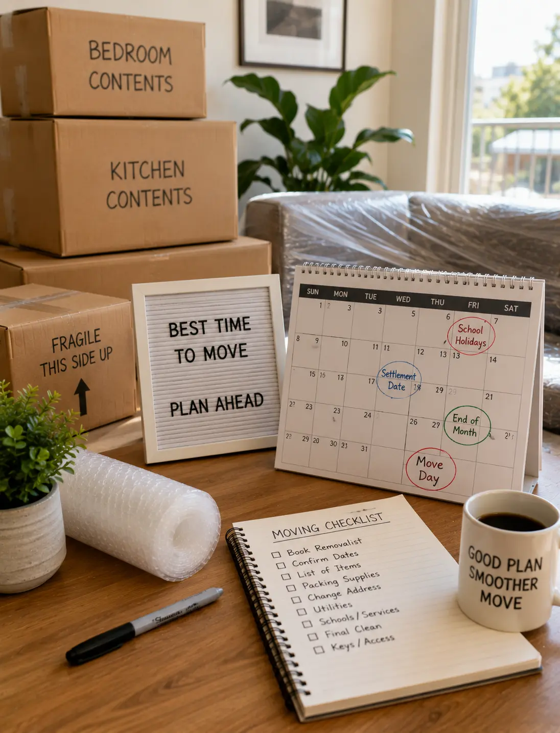 Ballarat moving season planning with boxes calendar and interstate removalist timing
