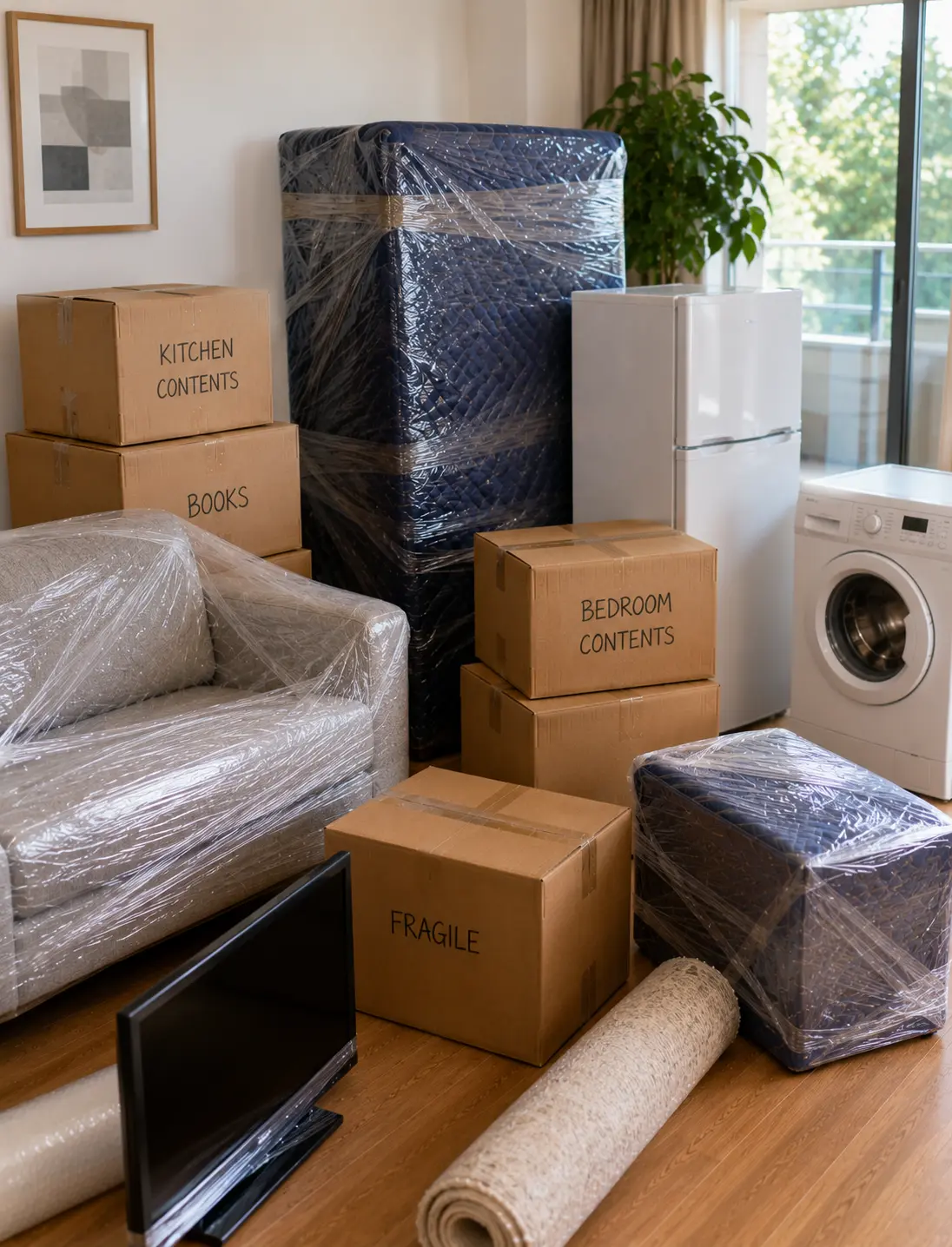 Small furniture moves from Ballarat with wrapped furniture white goods and packed boxes
