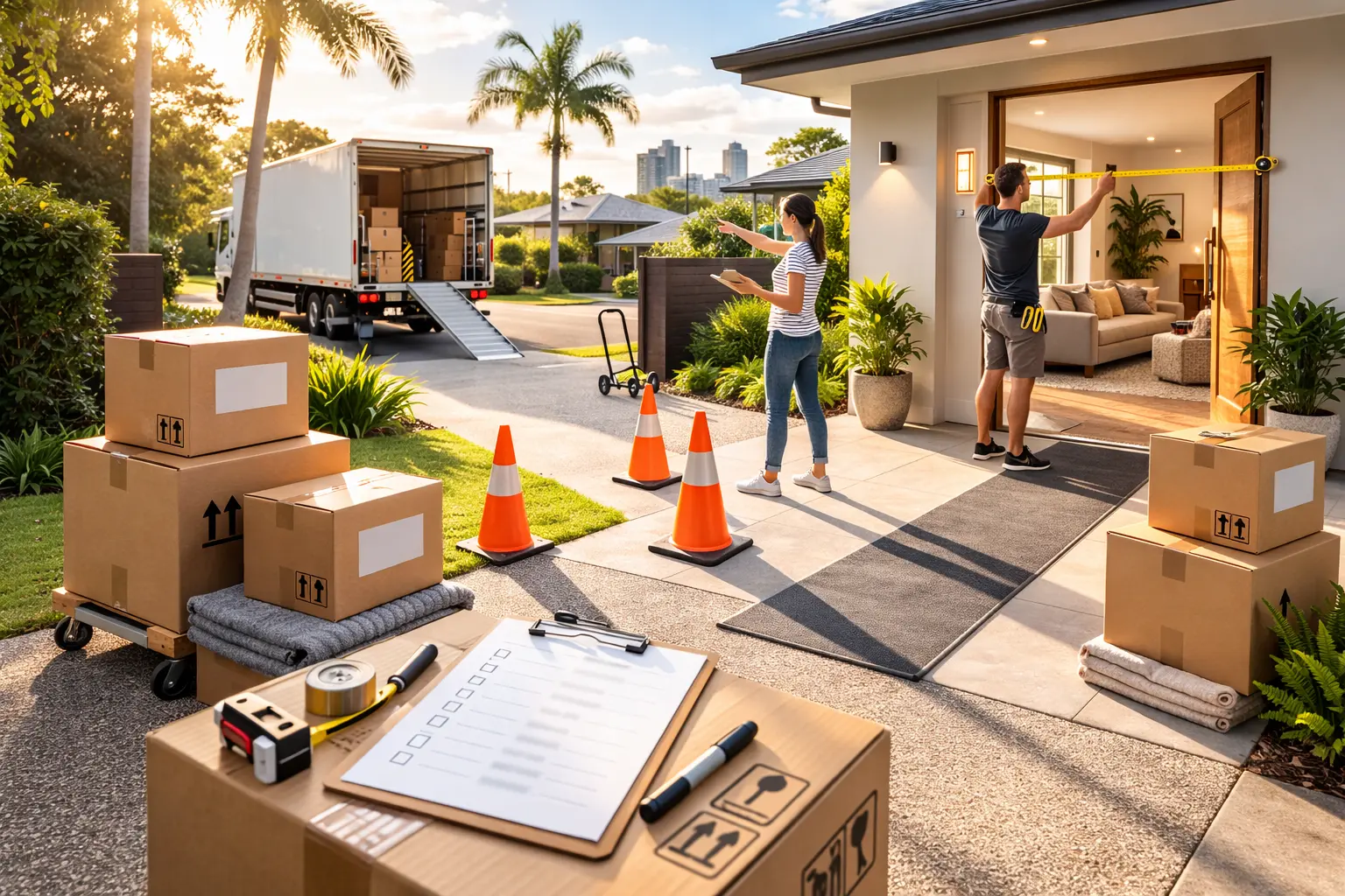 Final week moving readiness in Brisbane with truck access planned, boxes staged and doorway measurements confirmed for interstate removalists