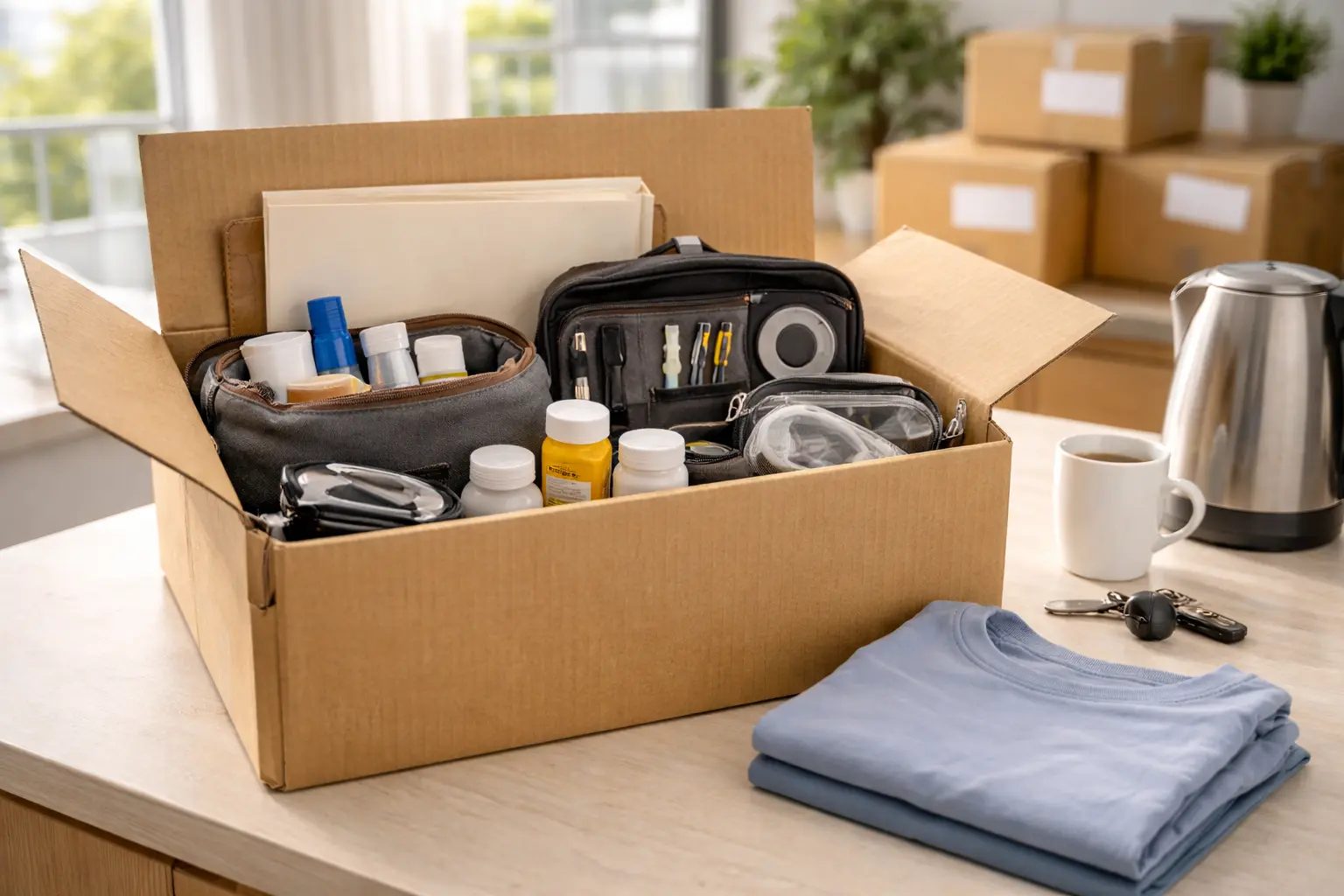 Moving day essentials box prepared for a Brisbane door-to-door interstate move including chargers, toiletries, documents and basic tools