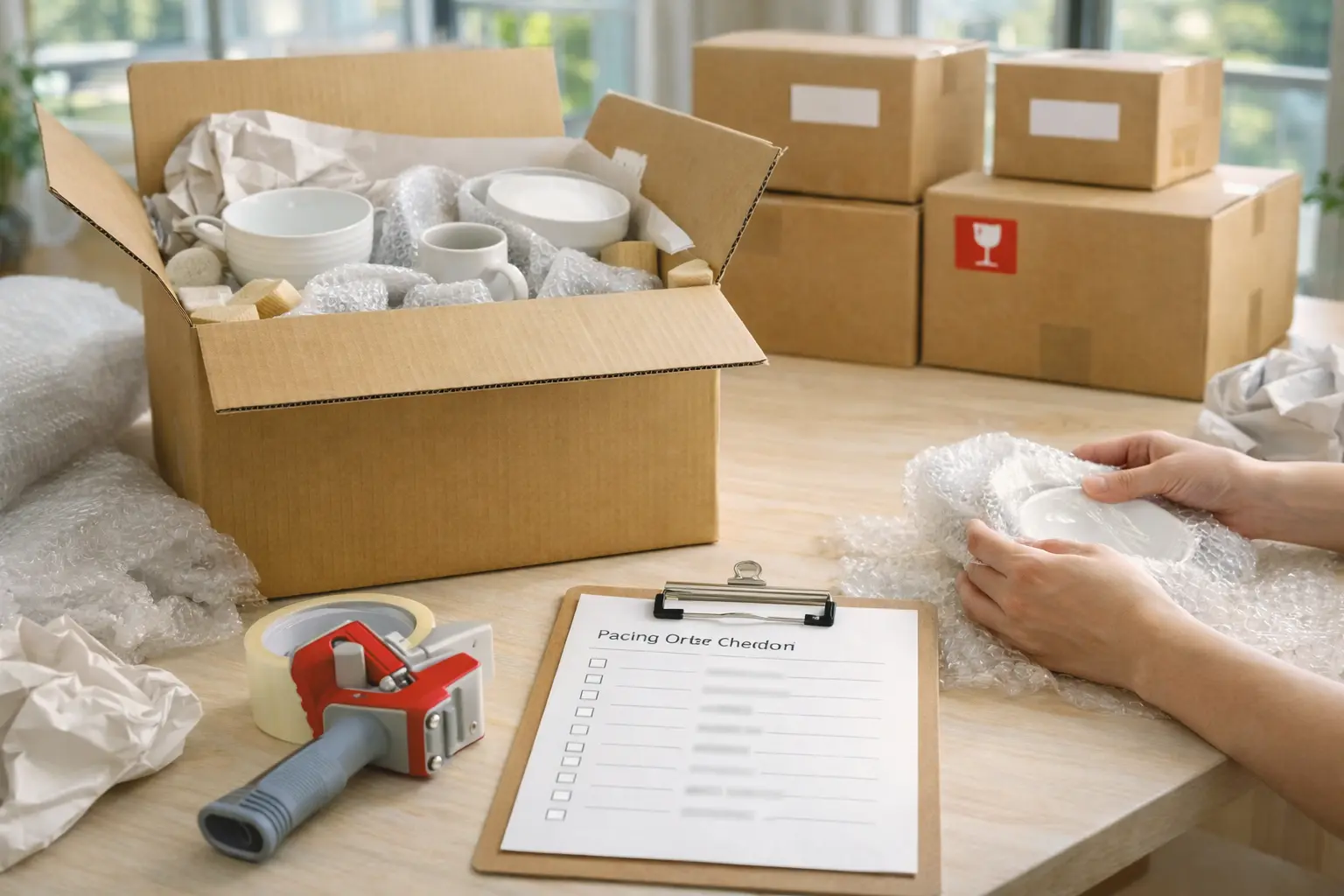 Pre-move packing schedule for Brisbane interstate removals with labelled cartons, packing paper and protective wrapping