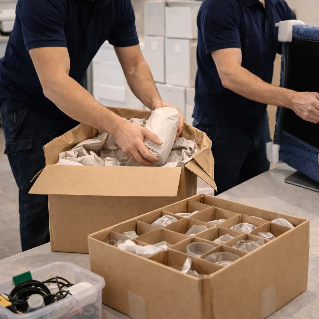 Fragile item packing for interstate transport including glassware protection, TV and monitor packing, and safe transport of electronics