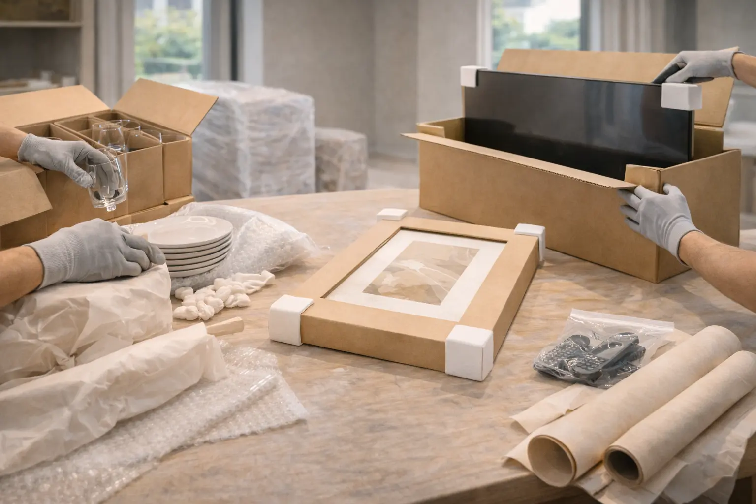 Fragile item packing for interstate moves including glassware, artwork, TVs and electronics packing with bubble wrap and packing paper