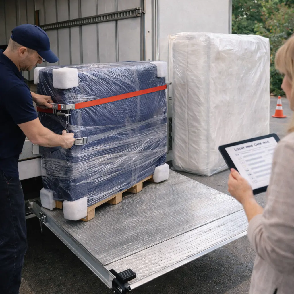 Furniture wrapping for long distance moves with lounge wrapped in blankets, mattress plastic sleeve, and straps used to prevent damage in transit