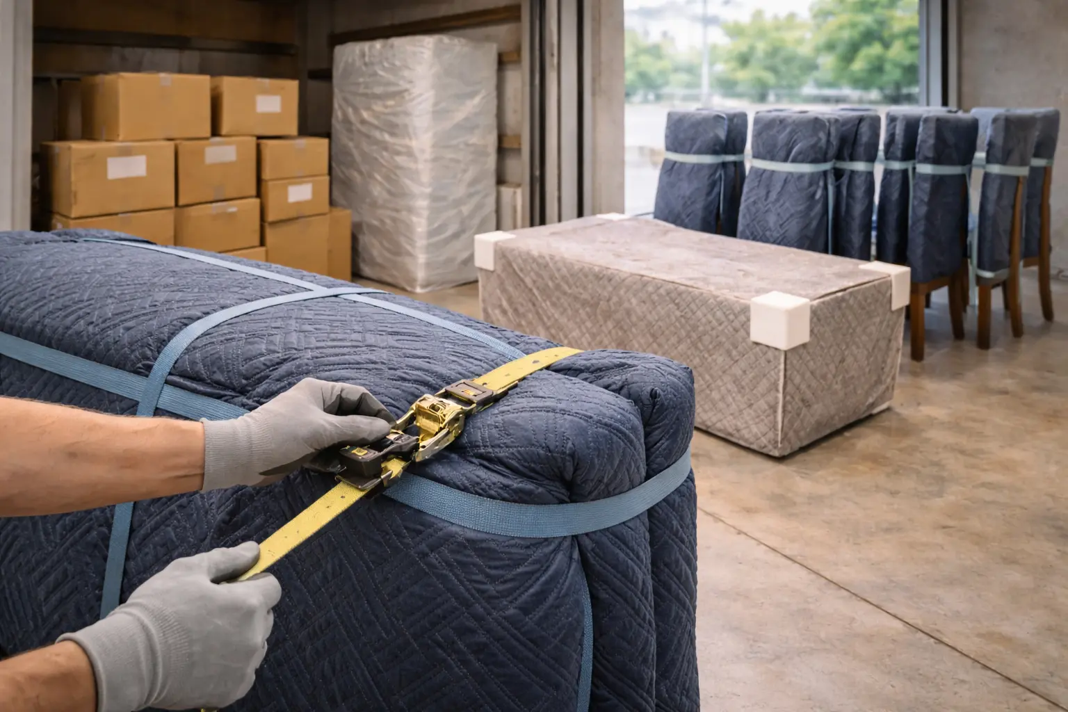 Furniture wrapping and padding for interstate moves with secure load planning and protective blankets to reduce damage in transit