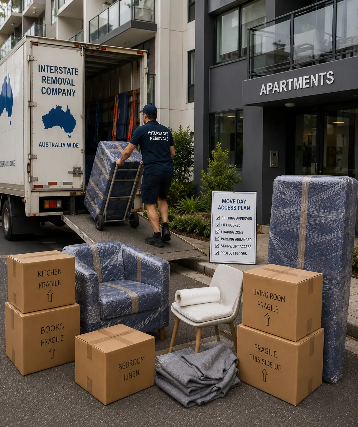 Geelong apartment and unit interstate moving services with compact cartons, wrapped furniture, and lift access planning