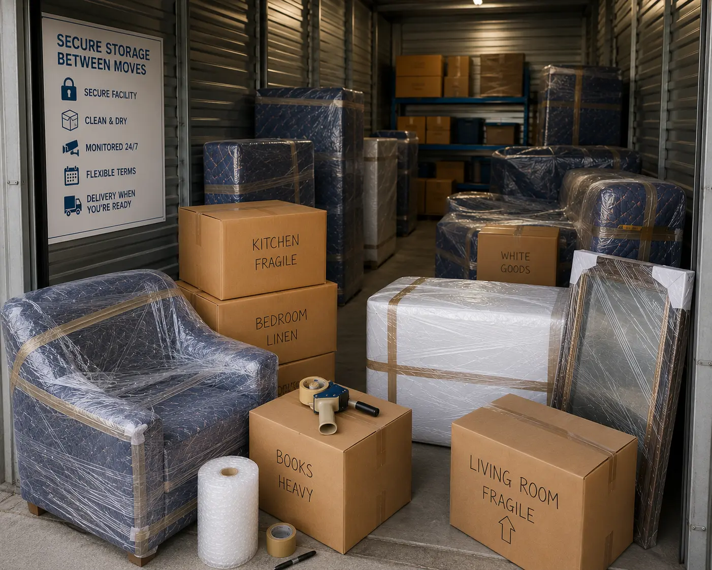 Geelong furniture storage between moves with wrapped household items, labelled cartons, and secure interstate relocation planning