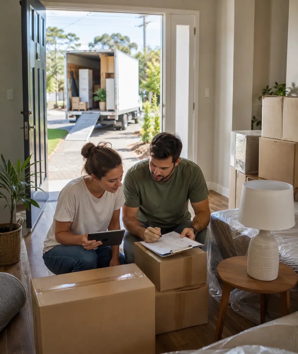 Geelong interstate moving planning with checklist, packed cartons, and furniture ready for long-distance transport