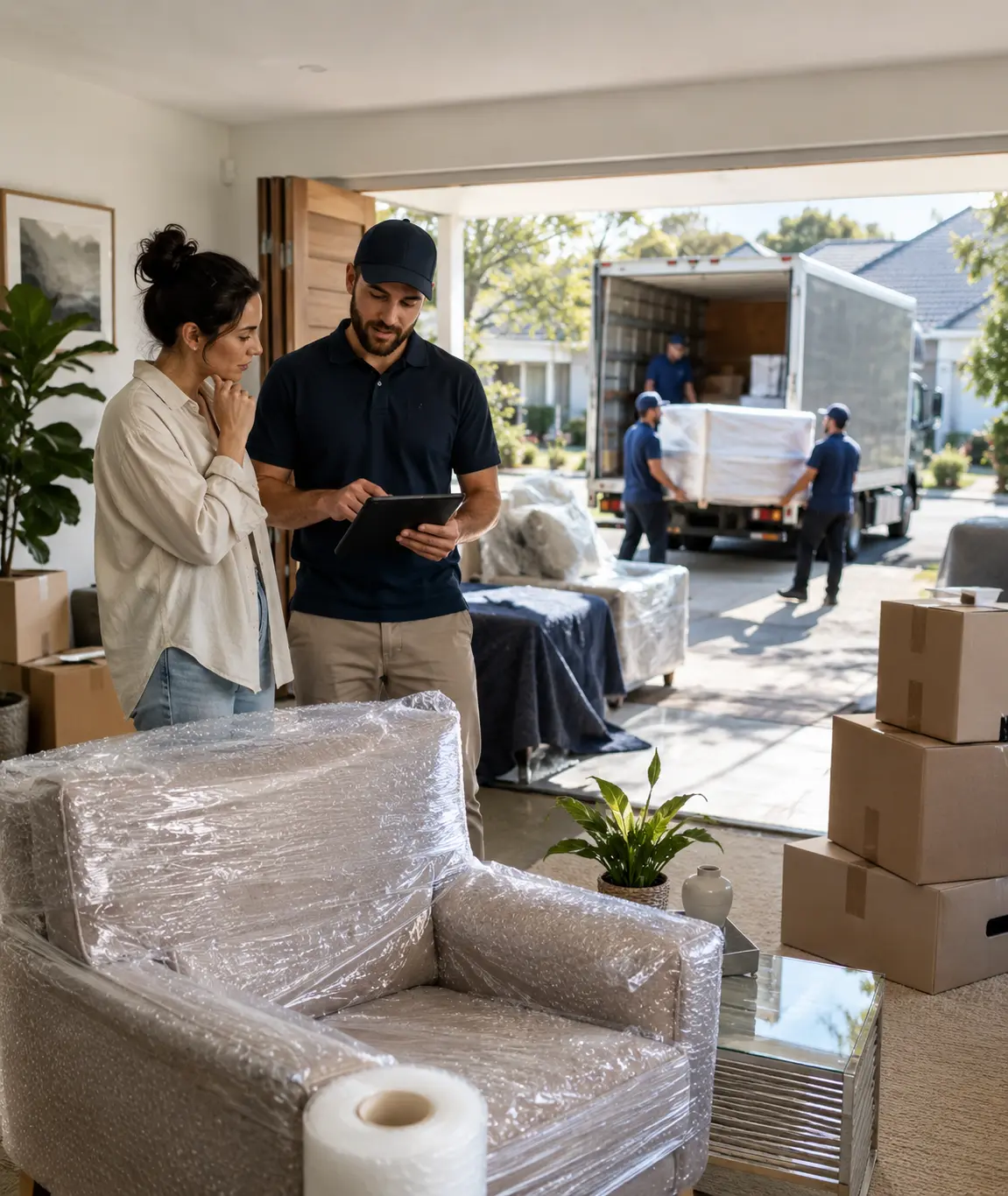 Geelong long-distance moving service with removalist truck, wrapped furniture, and home relocation planning