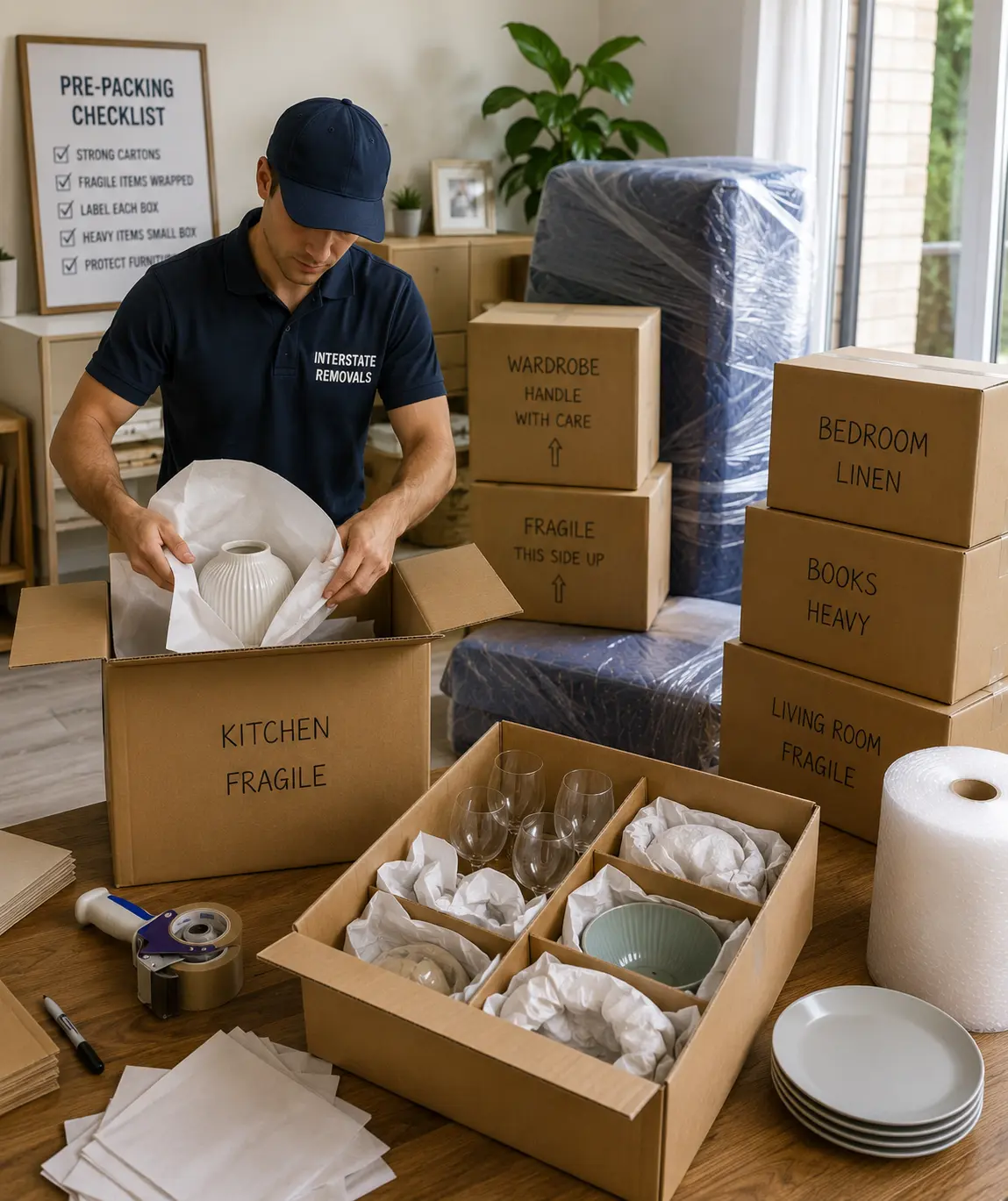 Geelong pre-packing services with strong moving cartons, fragile household items, and protected furniture ready for interstate transport