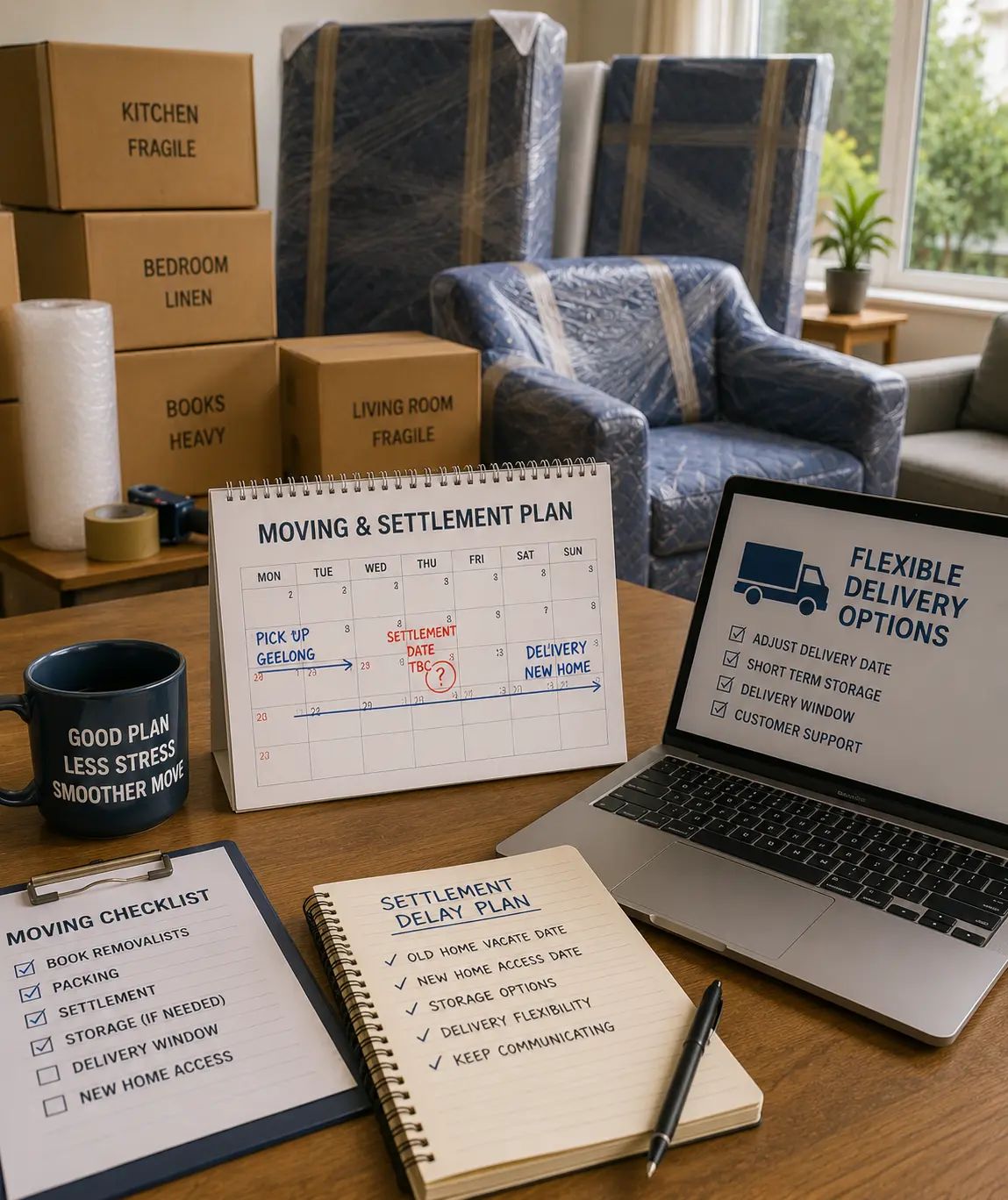 Geelong settlement delay moving support with packed household goods, calendar planning, and interstate removalist delivery timing
