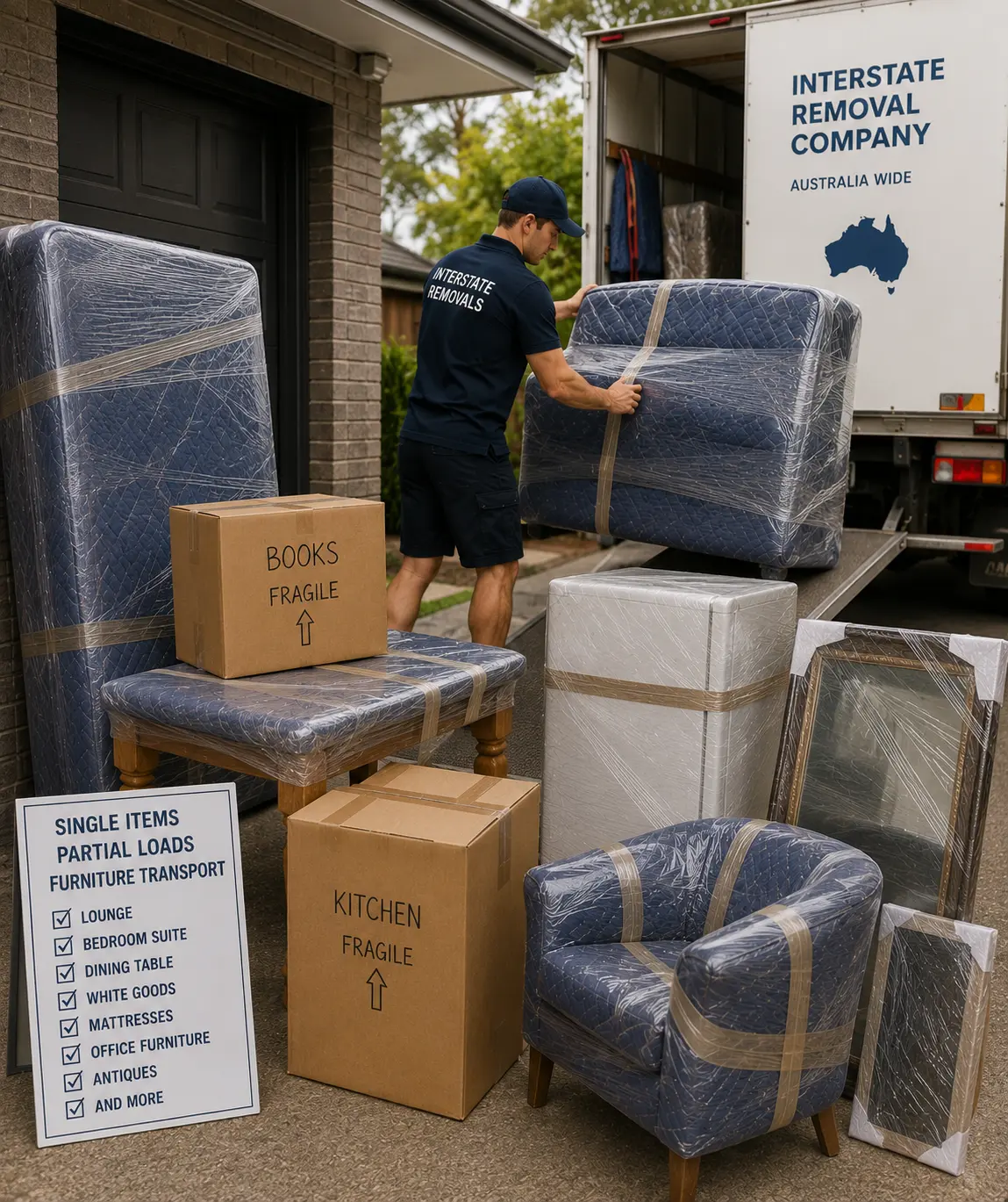 Geelong single item furniture transport with wrapped lounge, bedroom furniture, and selected household goods ready for interstate delivery