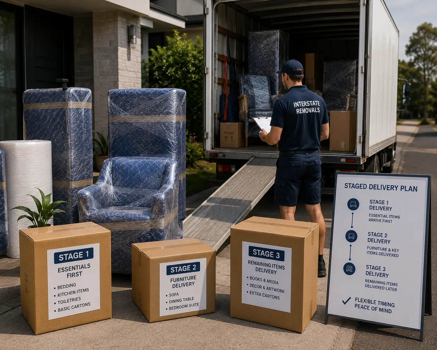 Geelong staged interstate delivery with furniture transport, labelled cartons, and flexible delivery planning for long-distance removals