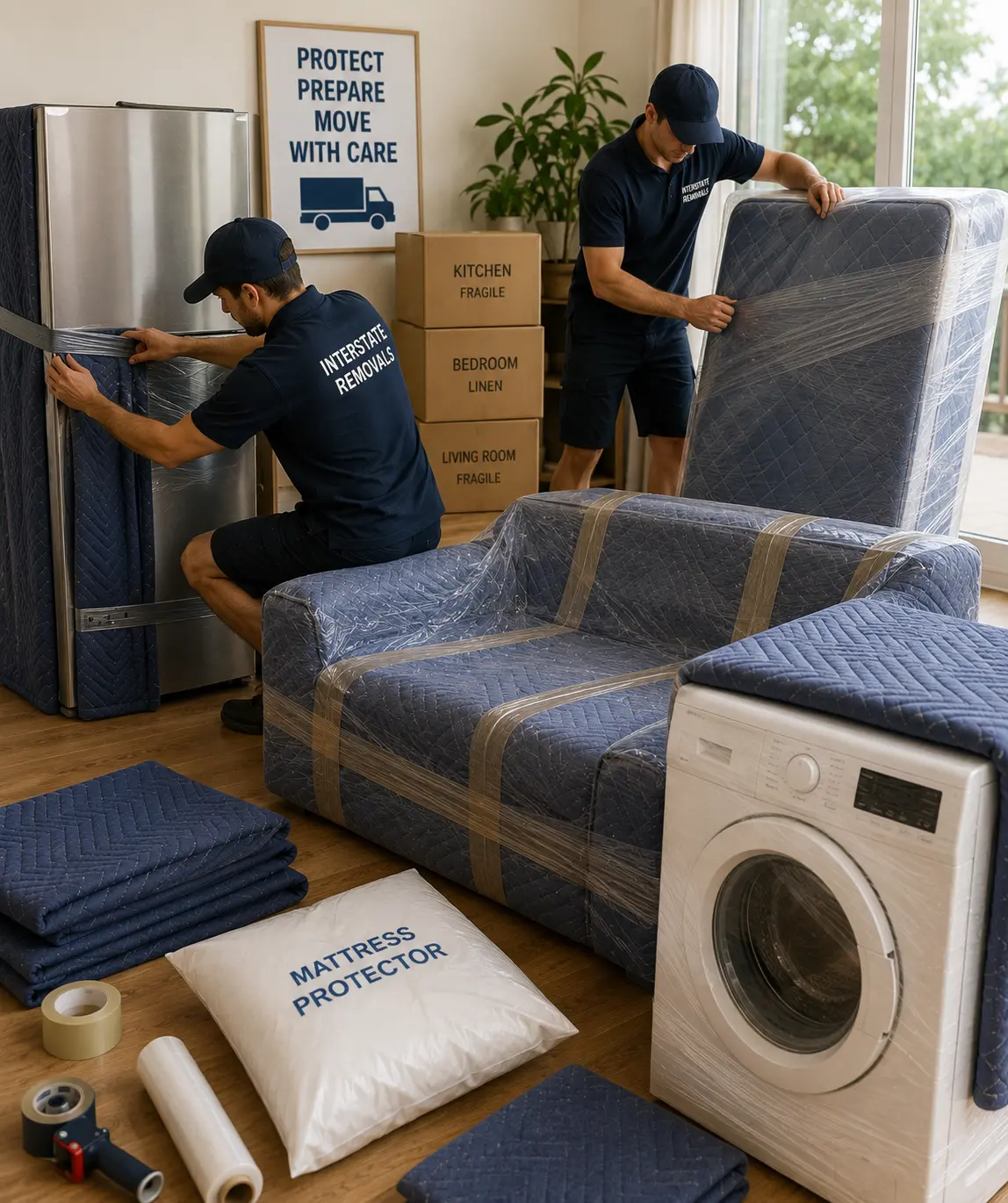 Geelong removalists protecting white goods, mattresses, lounges, and bulky furniture for an interstate move