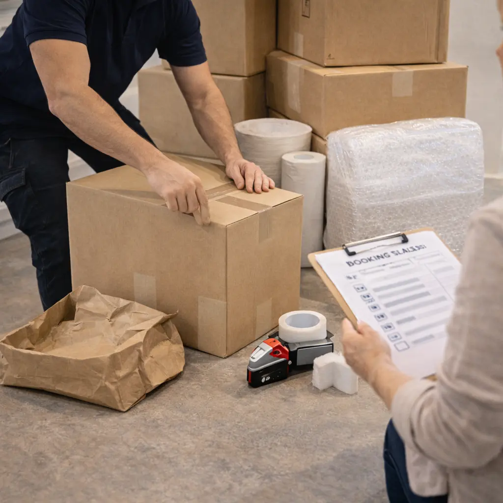 Heavy duty moving boxes and double-walled cartons with packing paper, tape, and bubble wrap protection prepared for long distance transport