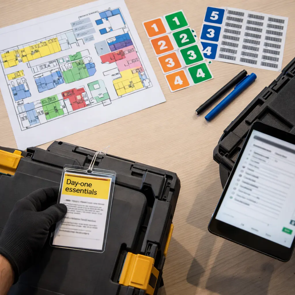 Inventory and labelling system with floorplan setup planning for fast office setup support during Perth interstate office removals