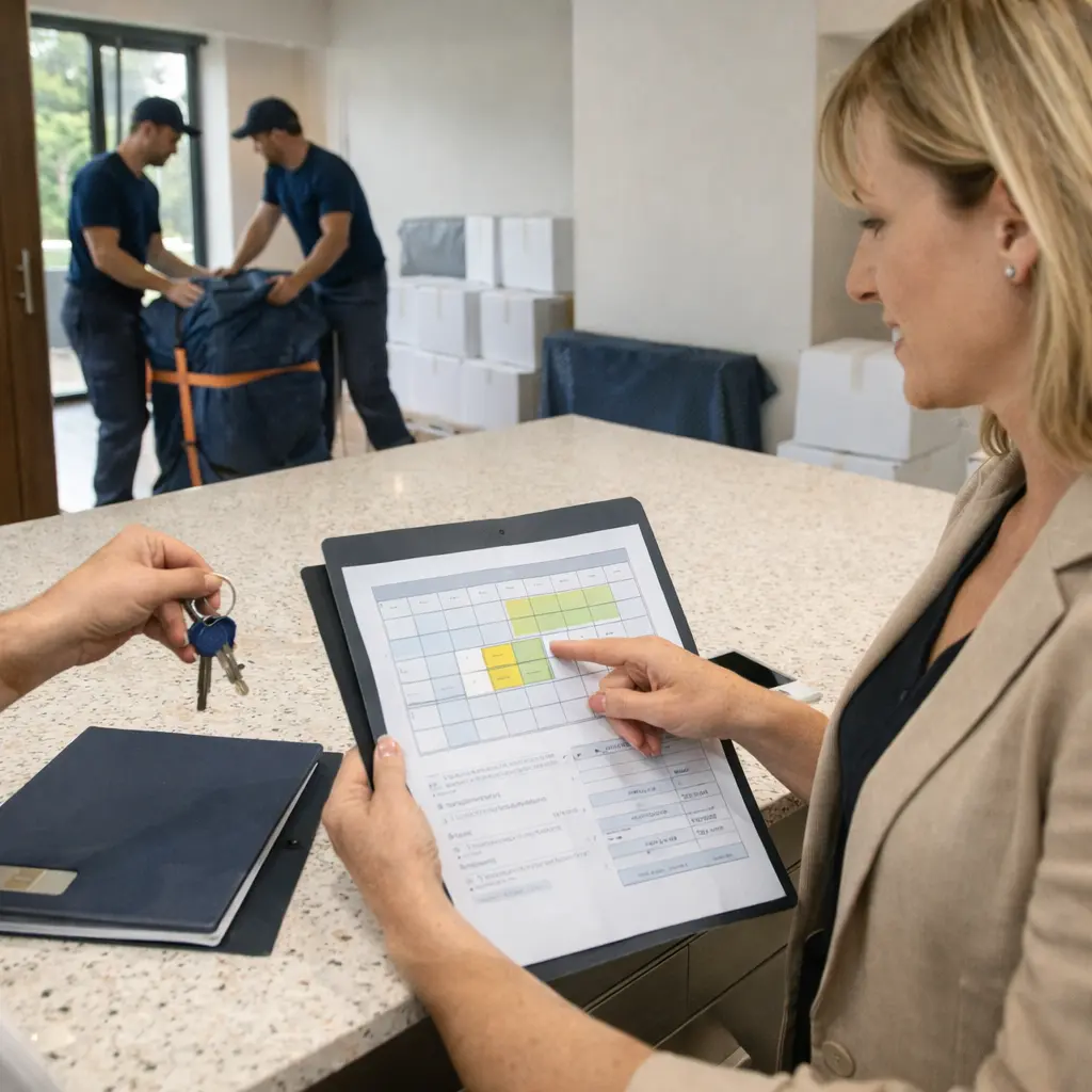 Managing lease changeover and settlement date moving plan for Perth interstate move with calendar scheduling and delivery window planning