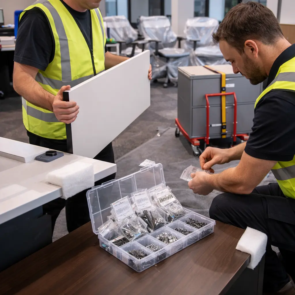 Office furniture transport with workstation dismantle and reassemble planning, ergonomic chair transport, and filing cabinet moving for Perth business relocation