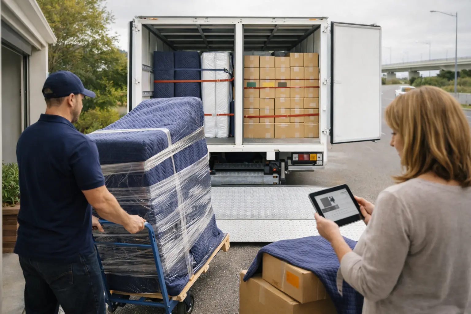 Door-to-door interstate removals from Perth showing pickup, linehaul transport, and scheduled delivery with cartons and wrapped furniture