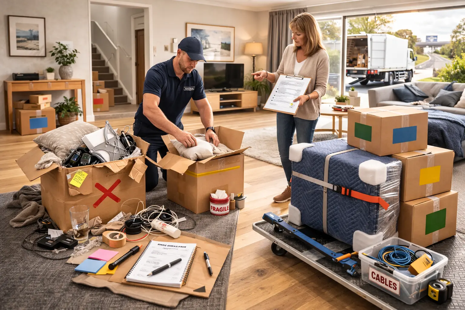 Perth interstate moving mistakes to avoid showing poorly packed boxes contrasted with professionally wrapped furniture and organised loading