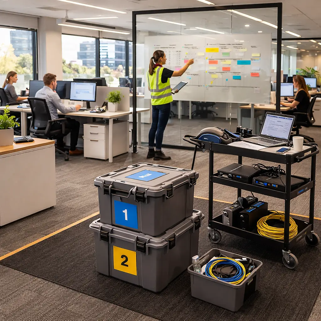 Perth interstate office removals with packed IT equipment, workstation relocation, and organised business moving plan