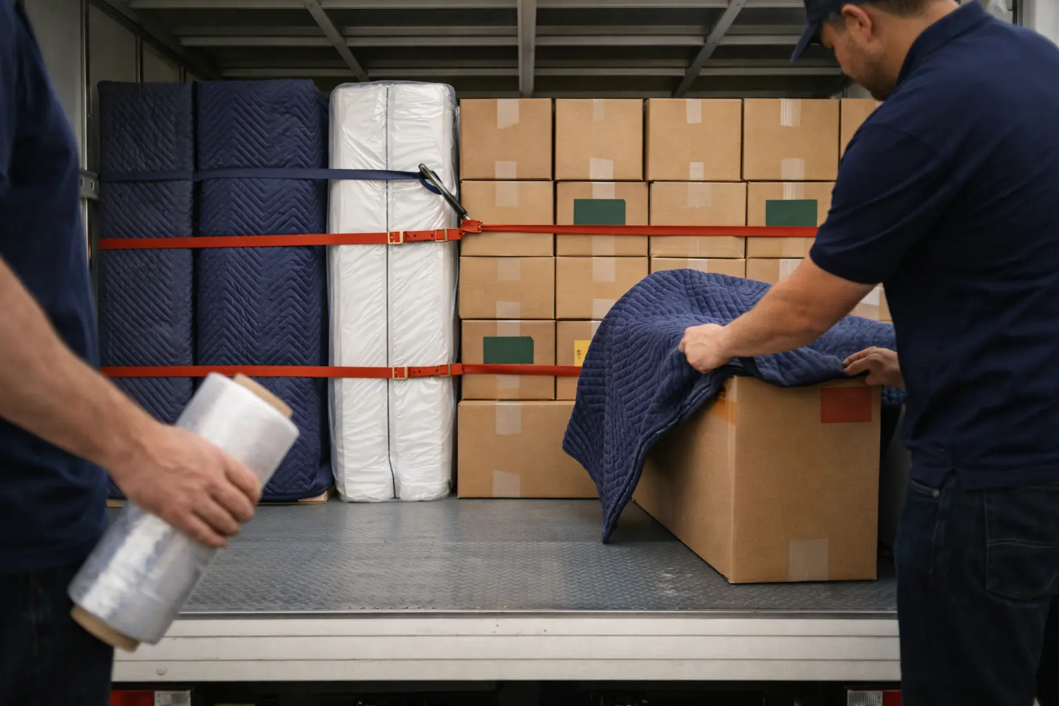 Professional furniture wrapping and secure load restraints inside a removals truck for long distance removals from WA