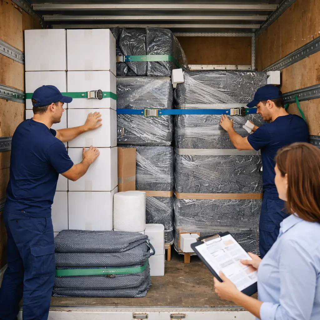 Secure load planning with load restraints and ratchet straps showing blanket wrapping furniture and safe furniture transport for long distance removals Perth